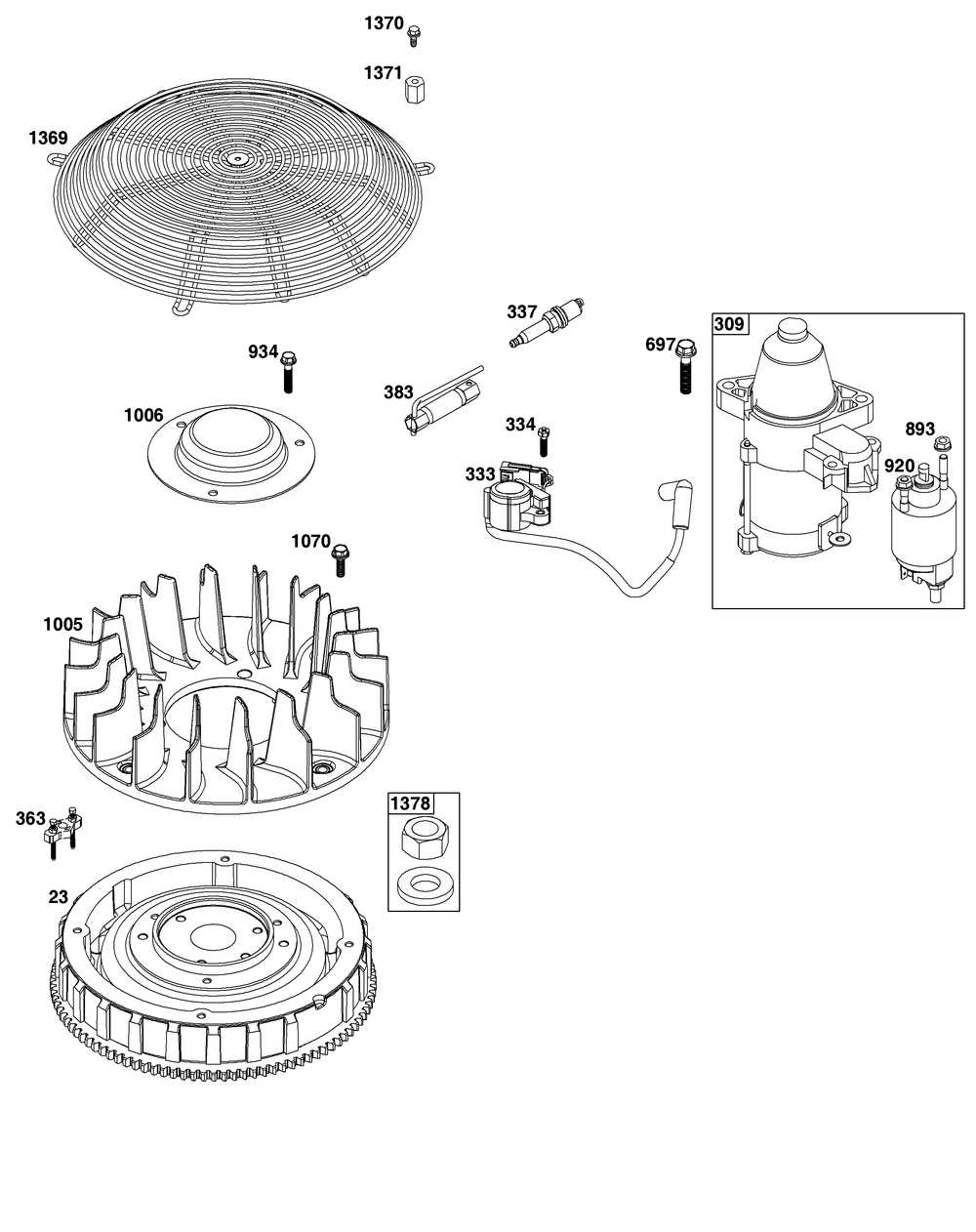 Flywheel, Ignition, And Starter Group Diagram and Parts List for 61G977-0004-J1 400000 - 699999 Briggs and Stratton Engine